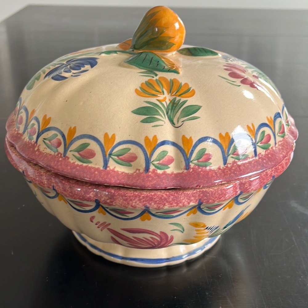 Rare Quimper tureen with flowers and pear handle from France